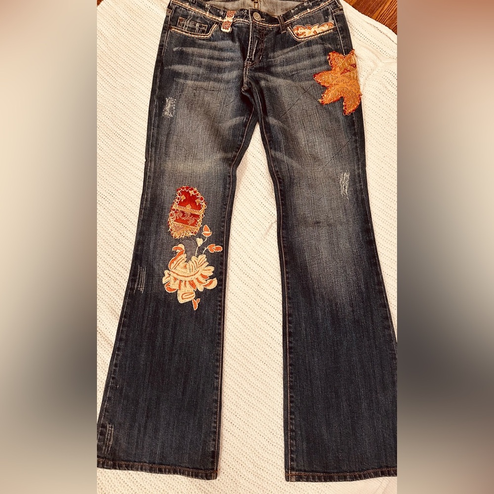 Women's Vintage Dark Wash Embroidered Jeans with Orange Floral Appliqué